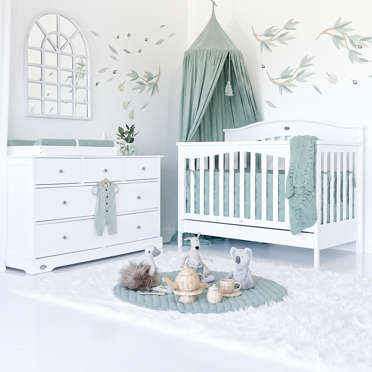 Heritage cot mattress and 7 drawer nursery bundle with aligned silver handles