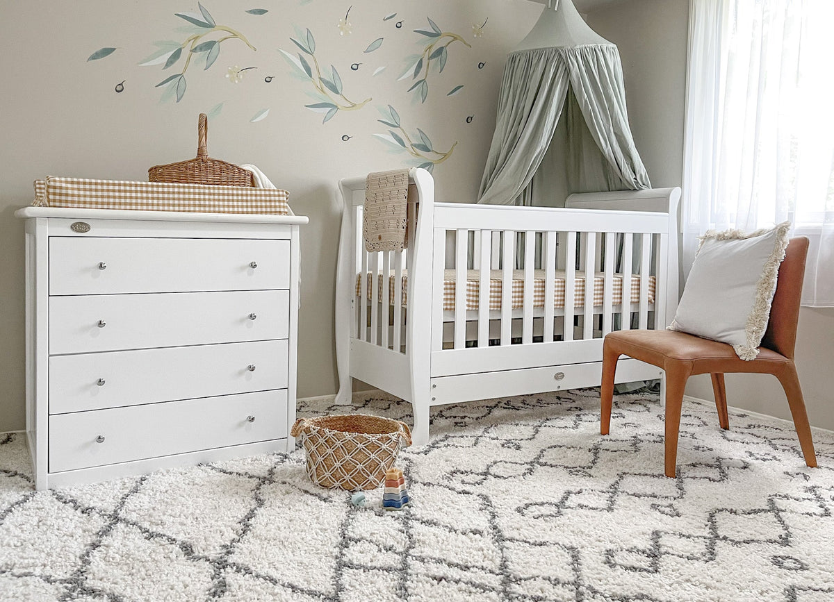 5-in-1 Sleigh Cot, Mattress & 4 Drawer Tallboy Nursery Bundle