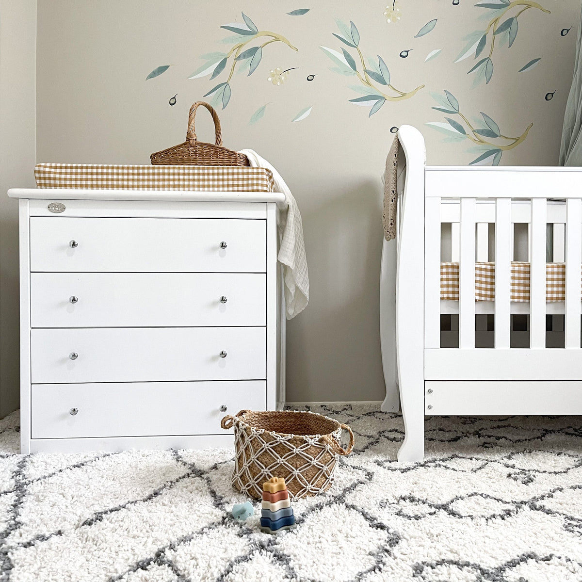 5-in-1 Sleigh Cot, Mattress & 4 Drawer Tallboy Nursery Bundle