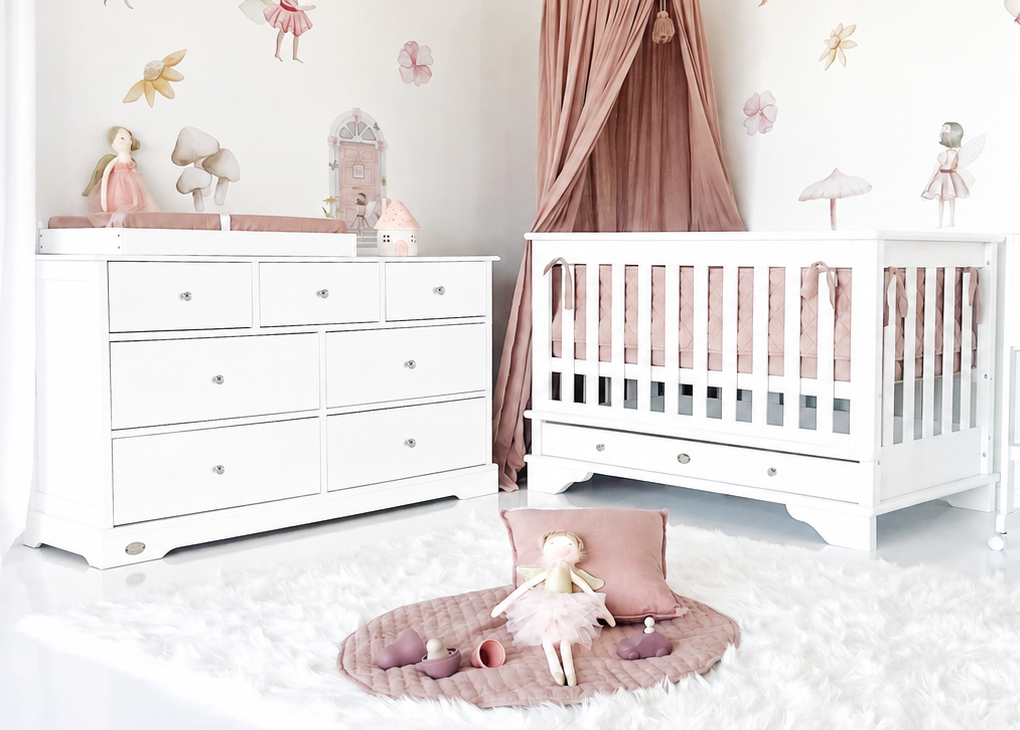 Contemporary Cot, Mattress, 7 Drawer & Bedside Bassinet Nursery Bundle