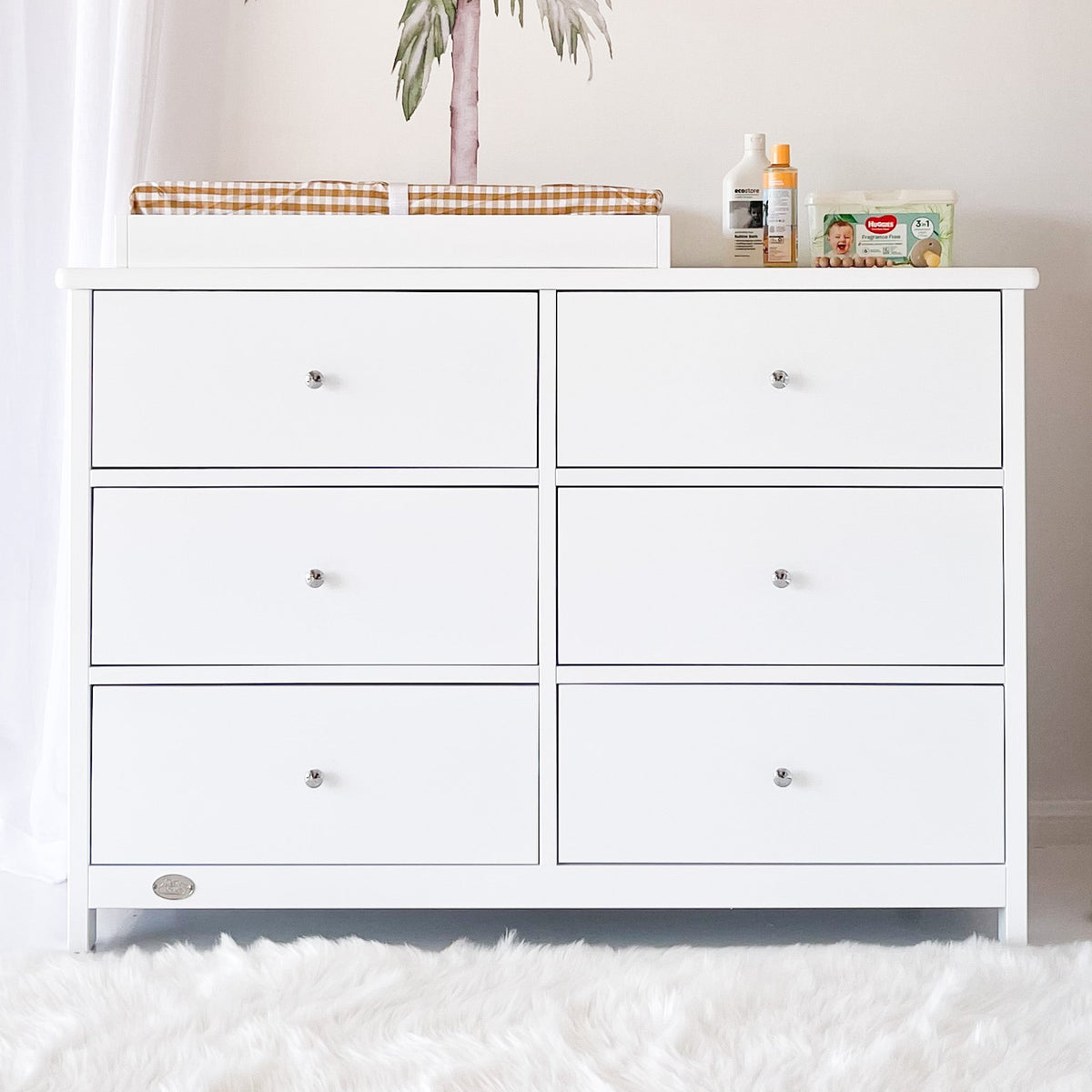 Front view of 6 drawer chest with change mat and timber frame