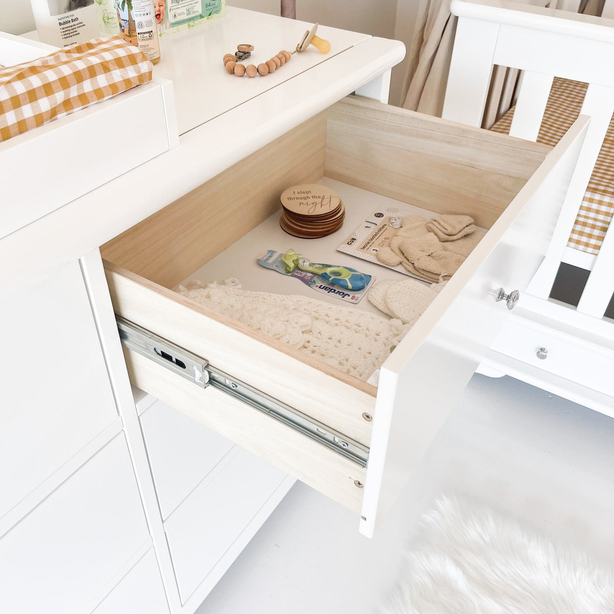 Top drawer of 6 drawer chest open showing internal panels
