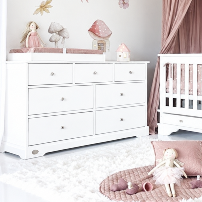 Contemporary cot mattress and 7 drawer nursery bundle with aligned silver handles