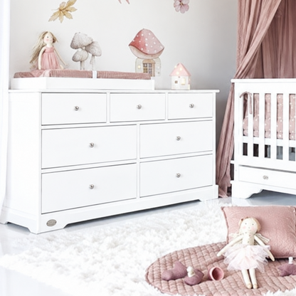Contemporary cot mattress and 7 drawer nursery bundle with aligned silver handles