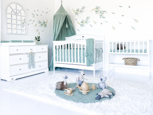 Heritage cot mattress 7 drawer and bedside bassinet nursery bundle with aligned silver handles