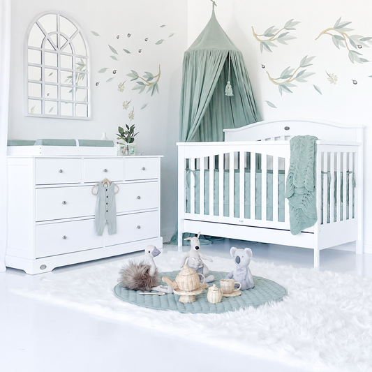 Heritage cot mattress and 7 drawer nursery bundle with aligned silver handles
