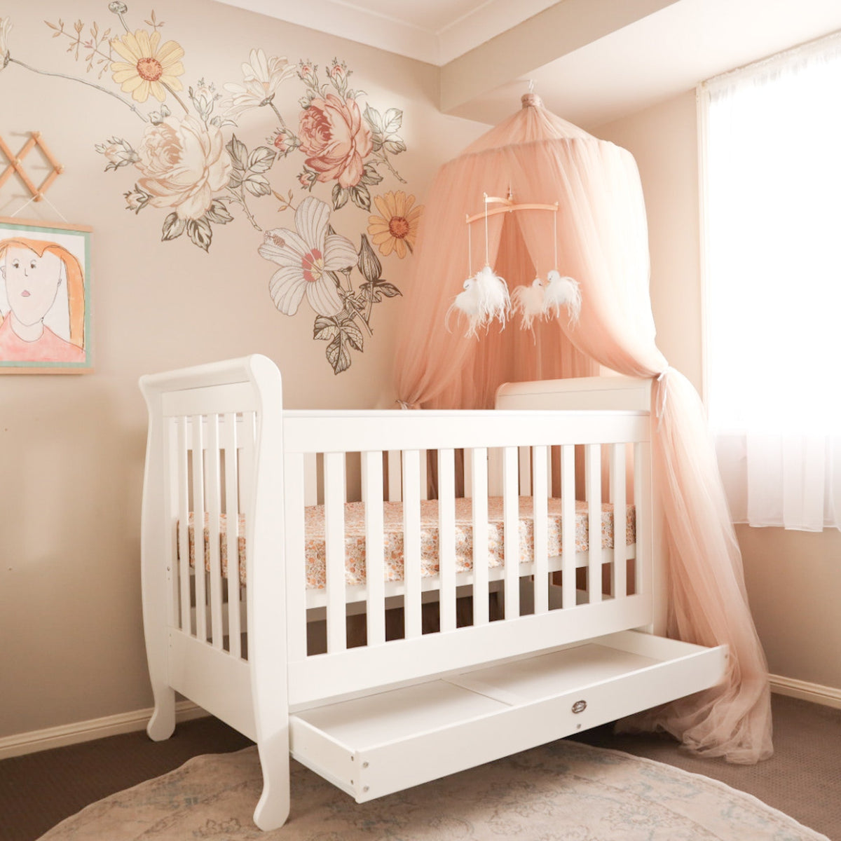 5-in-1 Sleigh Cot with trundle drawer open