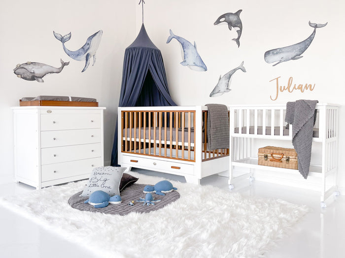 Two Tone Cot, Mattress, 4 Drawer & Bedside Bassinet Nursery Bundle